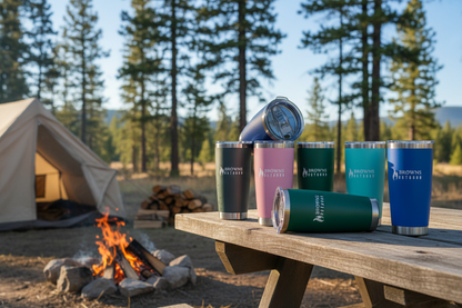 16 oz insulated tumblers in multiple colours in wilderness setting