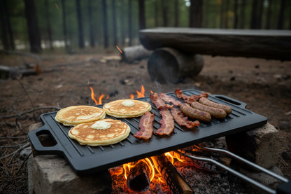 16x9 inch cast iron griddle with pancakes bacon and sausages over campfire