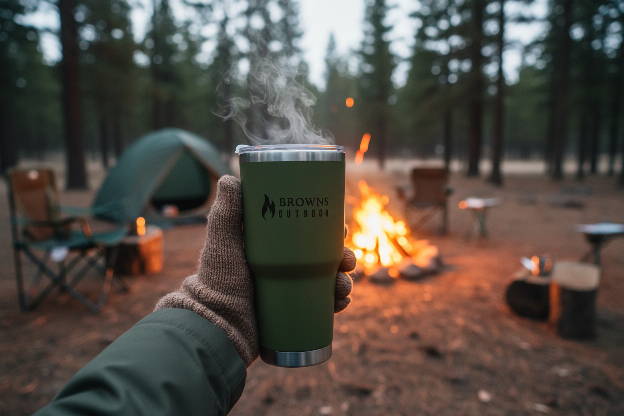 20 oz insulated tumbler held by campfire with steam