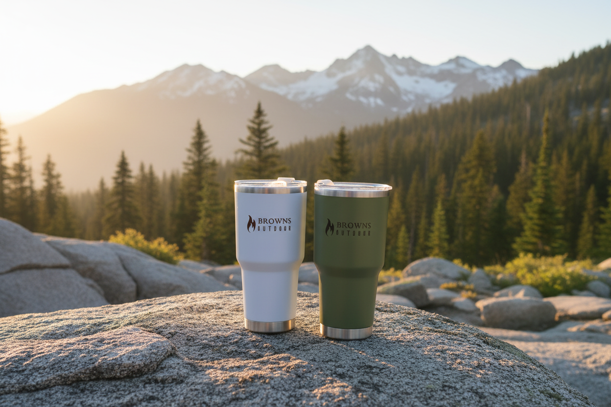 20 oz insulated tumblers on a rock in wilderness setting