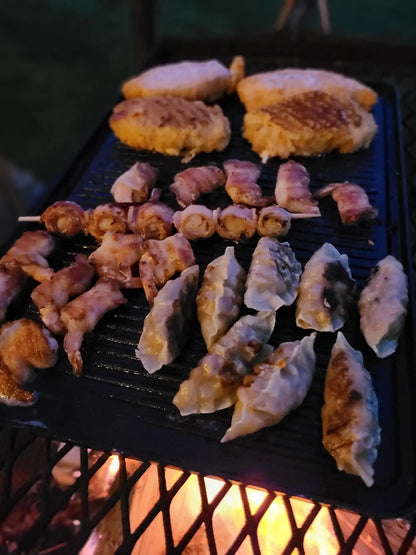Grilled food items including skewers and dumplings on a griddle on an anvil grill with flames below.