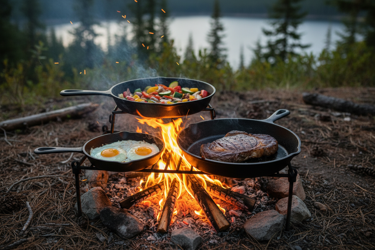 3 piece cast iron fry pan set each cooking different foods over campfire