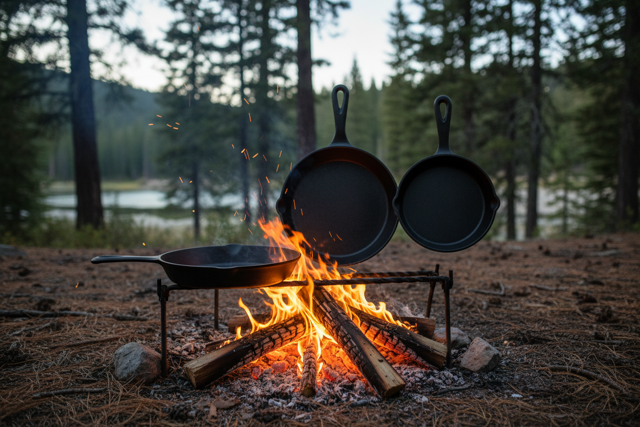 3 piece cast iron fry pan set over campfire