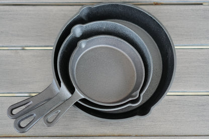 3 piece cast iron fry pan set nested together