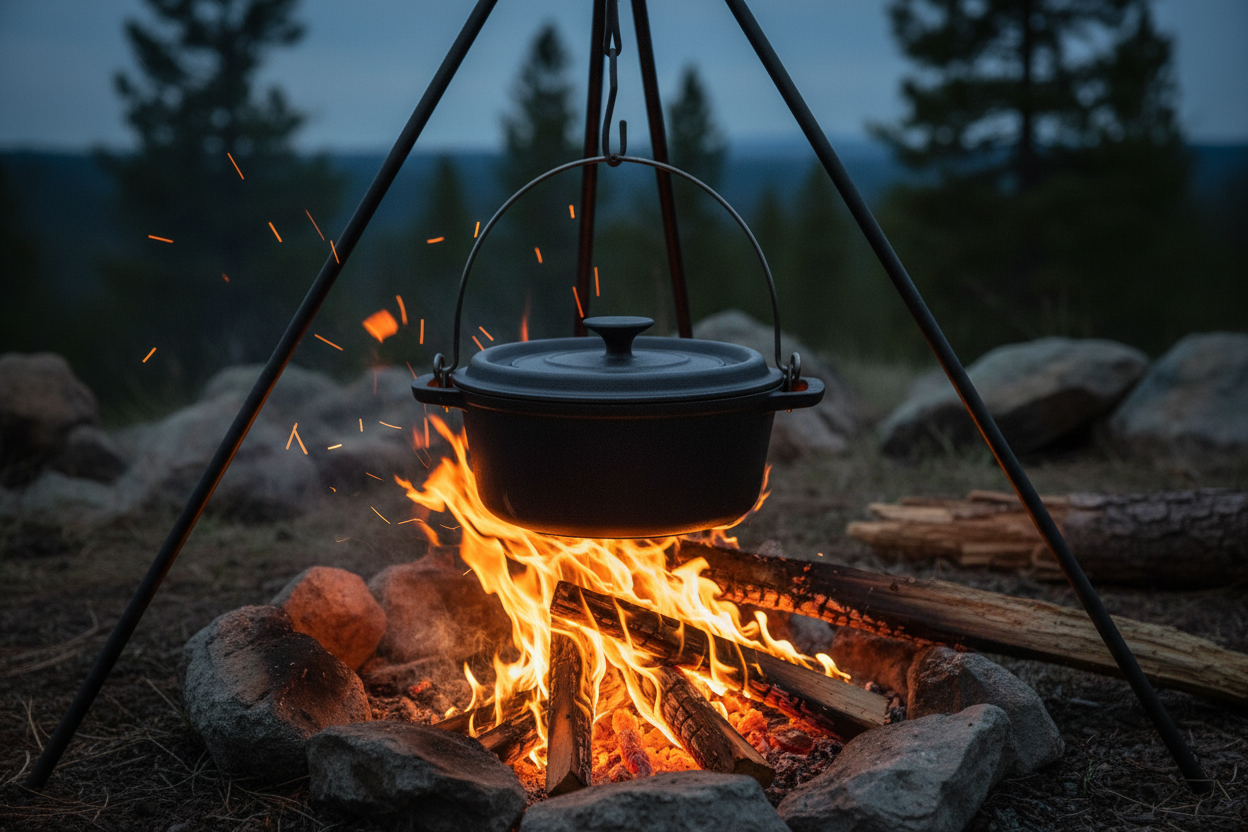 8 inch cast iron Dutch oven over campfire