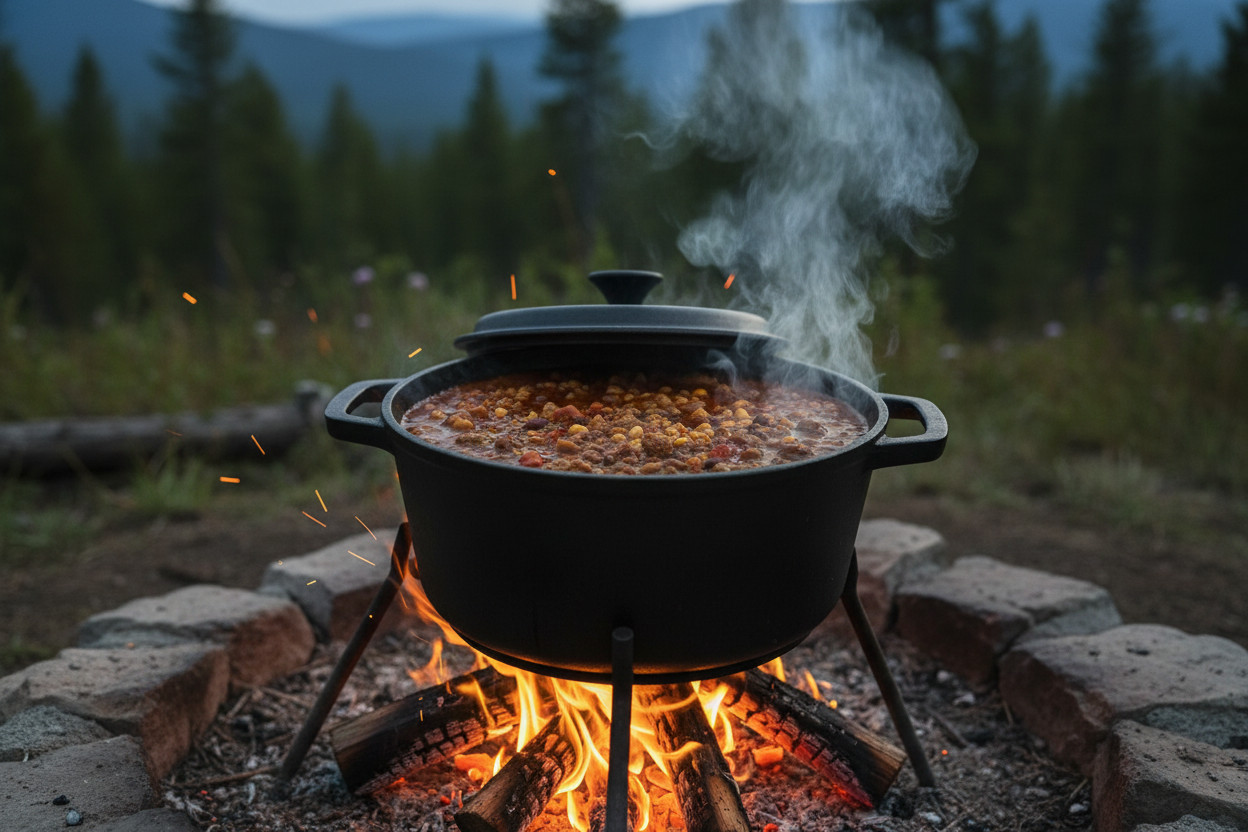 8 inch cast iron Dutch oven with bubbling chili over campfire
