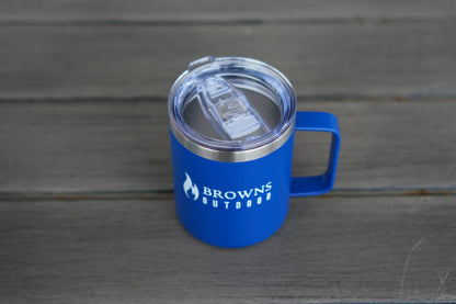 Blue insulated coffee mug product flat lay on wood surface
