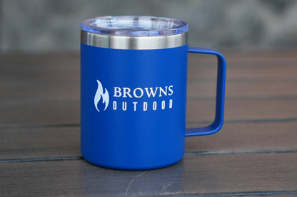 Blue insulated coffee mug handle and lid detail close-up