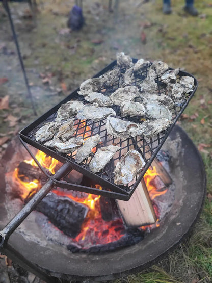 Oysters on the Anvil grill over fire
