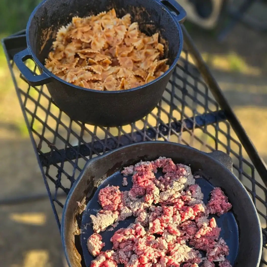 Ground beef and Pasta in cast iron on ANVIL grill