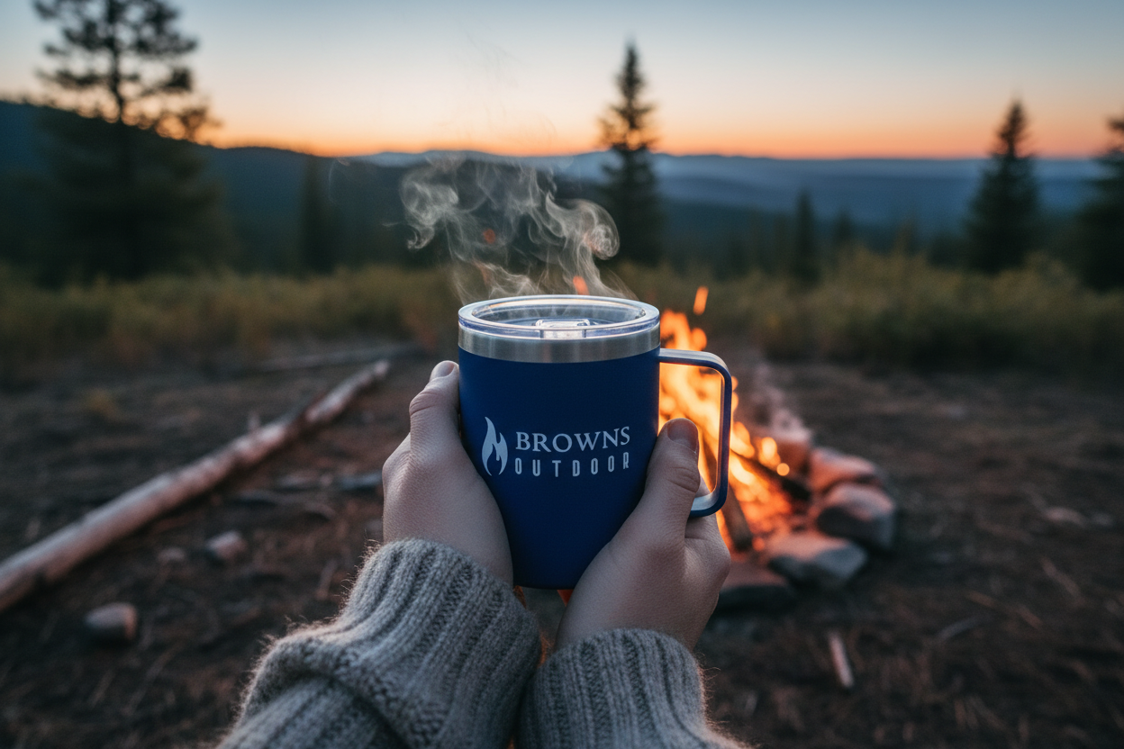 Blue insulated coffee mug held by campfire at dawn
