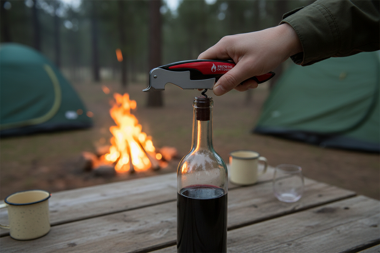 Wine corkscrew being used to open red wine at campsite